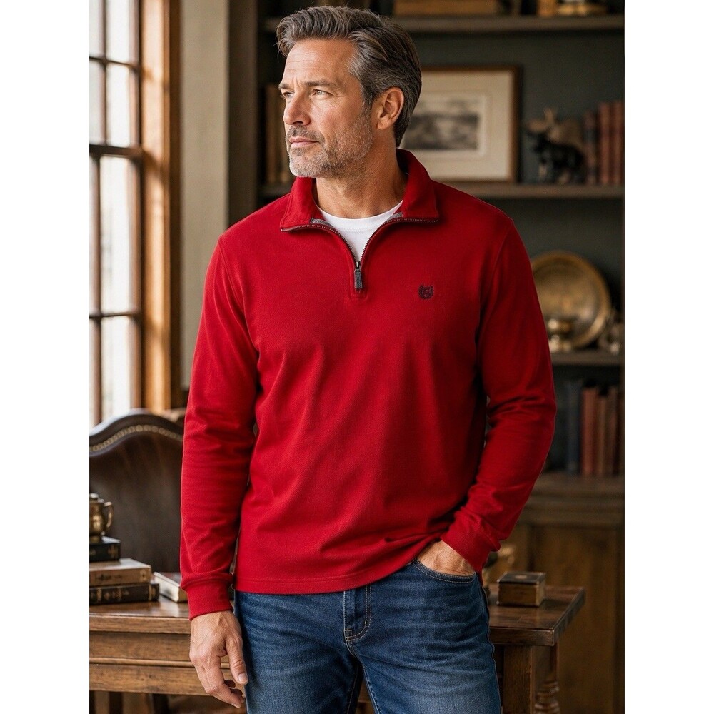 Chaps Men's Red 1/4 Zip Mock Neck Pullover Sweatshirt Crest Logo Size Medium